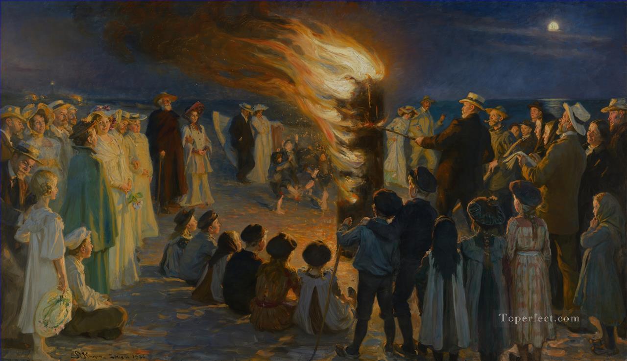 スカーゲンのビーチで真夏の夜の焚き火 ピーダー・セヴェリン・クロイヤー油絵